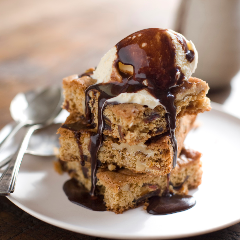 Date and Walnut Blondies with Chocolate Sauce